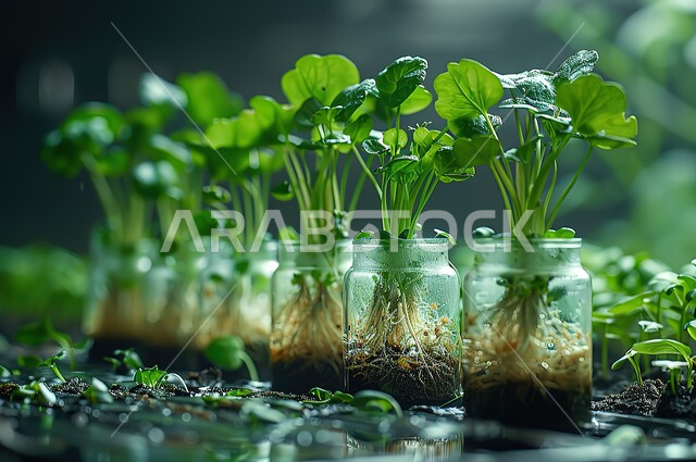 مفهوم العناية والاهتمام بالنبات بالطرق الحديثة، صورة مقربة لنظام الزراعة المائية، جذور واغصان داخل المحلول المغذي للنباتات الزراعية الخضراء المورقة، المحميات الطبيعية الخصبة، فحص الشتلات ورعايتها بطرق مبتكرة في مزارع المملكة العربية السعودية