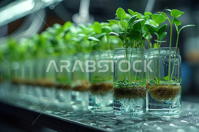 مفهوم العناية والاهتمام بالنبات بالطرق الحديثة، صورة مقربة لنظام الزراعة المائية، جذور واغصان داخل المحلول المغذي للنباتات الزراعية الخضراء المورقة، المحميات الطبيعية الخصبة، فحص الشتلات ورعايتها بطرق مبتكرة في مزارع المملكة العربية السعودية