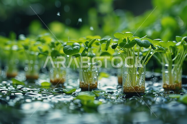The concept of plant care and attention using modern methods, a close-up of the hydroponic system, roots and branches inside the nutrient solution for lush green agricultural plants, fertile natural reserves, examining seedlings and caring for them in innovative ways on farms in the Kingdom of Saudi Arabia