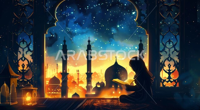 أجواء رمضانية روحانية، العبادة والتقرب الى الله في شهر رمضان المبارك، رسم توضيحي لسيدة عربية خليجية سعودية جالسة تقوم بتلاوة القرآن الكريم، زينة وديكورات الاعياد والمناسبات الدينية الإسلامية، خلفية المساجد المضيئة ليلا