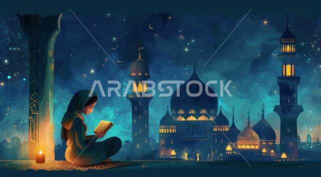 أجواء رمضانية روحانية، العبادة والتقرب الى الله في شهر رمضان المبارك، رسم توضيحي لسيدة عربية خليجية سعودية جالسة تقوم بتلاوة القرآن الكريم، زينة وديكورات الاعياد والمناسبات الدينية الإسلامية، خلفية المساجد المضيئة ليلا