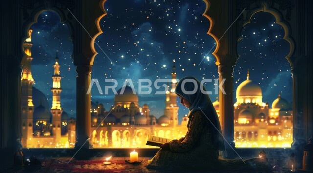 أجواء رمضانية روحانية، العبادة والتقرب الى الله في شهر رمضان المبارك، رسم توضيحي لسيدة عربية خليجية سعودية جالسة تقوم بتلاوة القرآن الكريم، زينة وديكورات الاعياد والمناسبات الدينية الإسلامية، خلفية المساجد المضيئة ليلا
