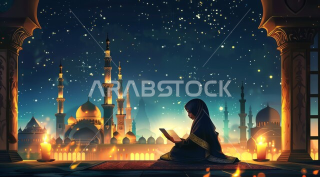 أجواء رمضانية روحانية، العبادة والتقرب الى الله في شهر رمضان المبارك، رسم توضيحي لسيدة عربية خليجية سعودية جالسة تقوم بتلاوة القرآن الكريم، زينة وديكورات الاعياد والمناسبات الدينية الإسلامية، خلفية المساجد المضيئة ليلا