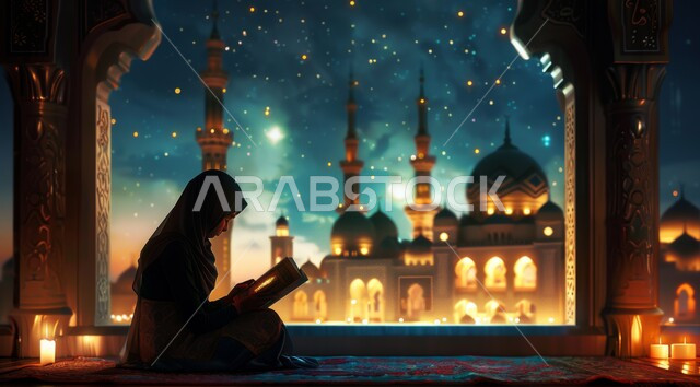 A spiritual Ramadan atmosphere, worship and getting closer to God in the blessed month of Ramadan, an illustration of a Saudi Gulf Arab woman sitting and reciting the Holy Quran, decorations for Islamic holidays and religious occasions, the background of illuminated mosques at night