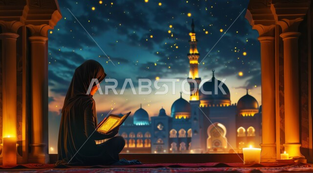 أجواء رمضانية روحانية، العبادة والتقرب الى الله في شهر رمضان المبارك، رسم توضيحي لسيدة عربية خليجية سعودية جالسة تقوم بتلاوة القرآن الكريم، زينة وديكورات الاعياد والمناسبات الدينية الإسلامية، خلفية المساجد المضيئة ليلا