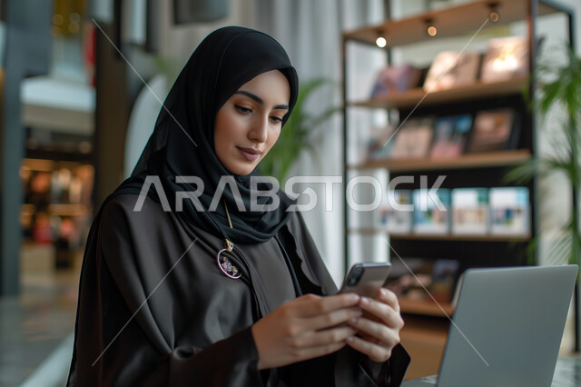 إدارة شؤون الأعمال وتنظيمها, العمل ضمن مقر الشركة، التفكير في الاستراتيجيات والأهداف ، موظفة عربية سعودية خليجية ترتدي الحجاب تحمل بيدها هاتف محمول، استخدام جهاز اللابتوب المحمول لإنجاز الأعمال داخل المكتب، إيماءات التركيز والتمعن