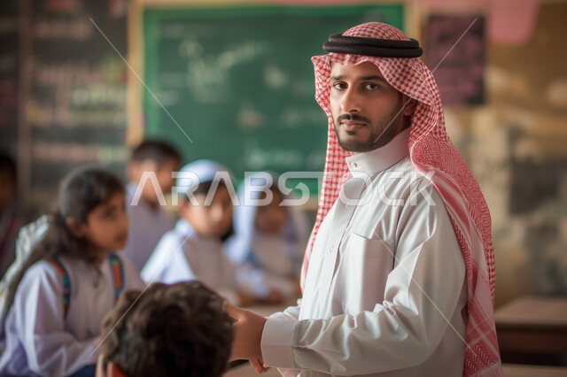 المشاركة الفعالة للطلاب مع المدرسين، حوارات ونقاشات بين الاستاذ والطلاب، معلم عربي خليجي سعودي يرتدي الثوب التقليدي والشماغ يقوم بمناقشة الدروس مع طلابه، جودة التعليم في السعودية، التربية والتعليم بالمناهج المقررة للتلاميذ