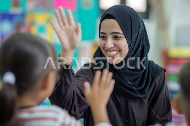 التربية والتعليم بالمناهج المقررة للتلاميذ، جودة التعليم في السعودية، المشاركة الفعالة للطلاب مع المدرسين، حوارات ونقاشات بين الاستاذة والطلاب، معلمة عربية خليجية سعودية محجبة تقوم بمناقشة الدروس مع طلابها