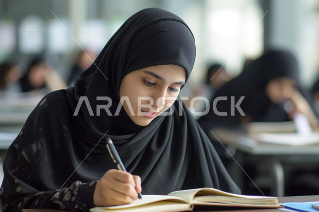 الحرص على التفوق والنجاح، المتابعة والتركيز على الدروس قي الفصل الدراسي، طالبة شابة عربية خليجية سعودية محجبة تجلس على طاولة الدراسة تحمل بيدها قلم وتقوم بالكتابة، مفهوم التعليم في المملكة العربية السعودية