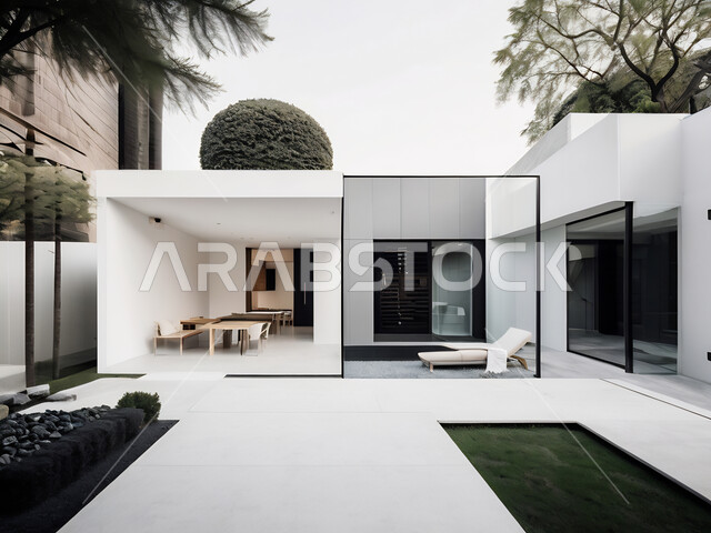 الفن الهندسي المعماري للفلل والعقارات الجديدة, الشجيرات والنباتات الخضراء، تصاميم داخلية وديكورات راقية على الطراز الحديث لشقق سكنية في المملكة العربية السعودية، النمو والتقدم العمراني، أثاث أنيق ومريح