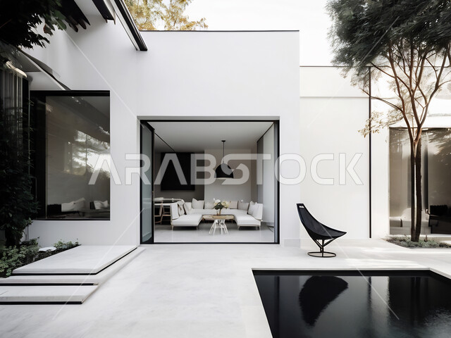 تصاميم داخلية وديكورات راقية على الطراز الحديث لشقق سكنية في المملكة العربية السعودية، الشجيرات والنباتات الخضراء، النمو والتقدم العمراني، أثاث أنيق ومريح، الفن الهندسي المعماري للفلل والعقارات الجديدة