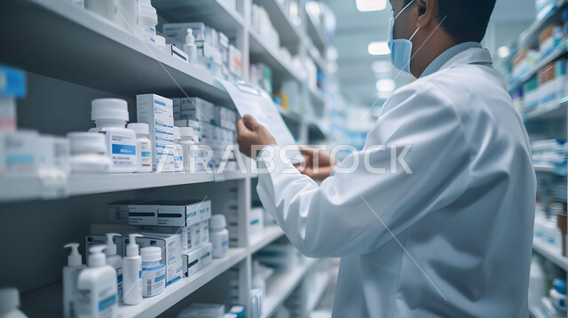 Providing health care and medical prescriptions, checking and inventorying the stock of medicines and medical supplies inside the pharmacy, a close-up photo of a Saudi Arabian Gulf pharmacist wearing a medical uniform searching for the drug prescription