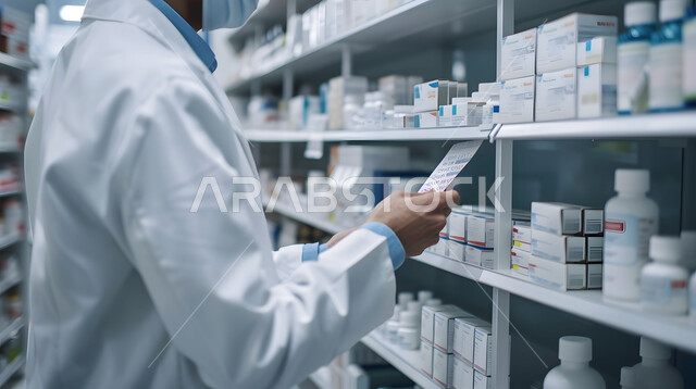 تقديم الرعاية الصحية والوصفات الطبية، فحص وجرد مخزون الأدوية والمستلزمات الطبية داخل الصيدلية، صورة مقربة لصيدلاني عربي سعودي خليجي يرتدي اليونيفورم الطبي يقوم بالبحث عن الوصفة الدوائية
