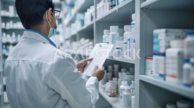 تقديم الرعاية الصحية والوصفات الطبية، فحص وجرد مخزون الأدوية والمستلزمات الطبية داخل الصيدلية، صورة مقربة لصيدلاني عربي سعودي خليجي يرتدي اليونيفورم الطبي يقوم بالبحث عن الوصفة الدوائية