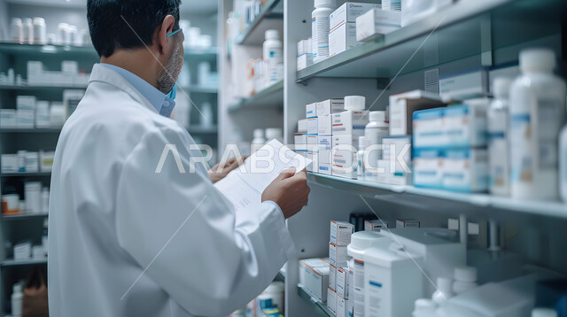 تقديم الرعاية الصحية والوصفات الطبية، فحص وجرد مخزون الأدوية والمستلزمات الطبية داخل الصيدلية، صورة مقربة لصيدلاني عربي سعودي خليجي يرتدي اليونيفورم الطبي يقوم بالبحث عن الوصفة الدوائية