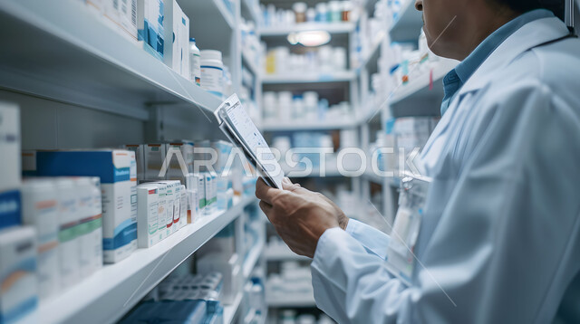 تقديم الرعاية الصحية والوصفات الطبية، فحص وجرد مخزون الأدوية والمستلزمات الطبية داخل الصيدلية، صورة مقربة لصيدلاني عربي سعودي خليجي يرتدي اليونيفورم الطبي يقوم بالبحث عن الوصفة الدوائية