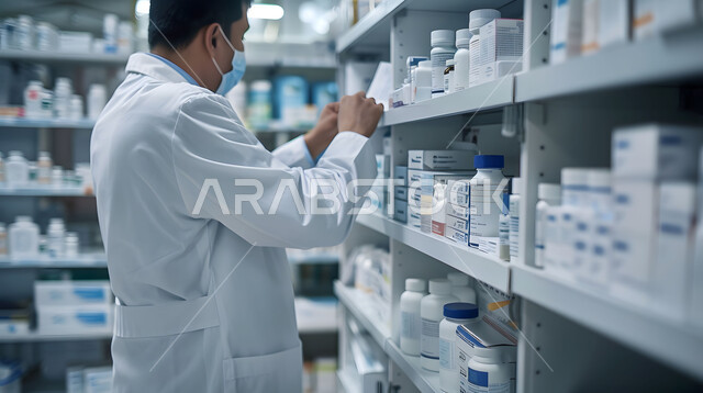 Providing health care and medical prescriptions, checking and inventorying the stock of medicines and medical supplies inside the pharmacy, a close-up photo of a Saudi Arabian Gulf pharmacist wearing a medical uniform searching for the drug prescription