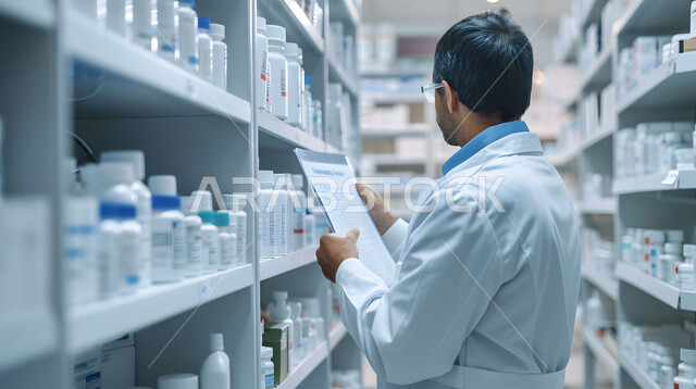 Providing health care and medical prescriptions, checking and inventorying the stock of medicines and medical supplies inside the pharmacy, a close-up photo of a Saudi Arabian Gulf pharmacist wearing a medical uniform searching for the drug prescription