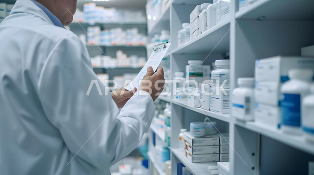 Providing health care and medical prescriptions, checking and inventorying the stock of medicines and medical supplies inside the pharmacy, a close-up photo of a Saudi Arabian Gulf pharmacist wearing a medical uniform searching for the drug prescription