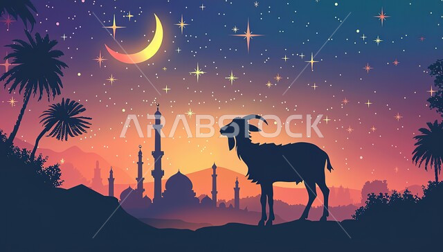 خلفية مآذن وقبب المساجد الإسلامية, صورة ظلية لحيوان الماعز, الهلال المنير في السماء المليئة بالنجوم اللامعة, رموز في الدين الإسلامي, أضحية عيد الأضحى المبارك, مقدسات دينية 