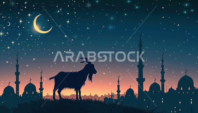 خلفيات دينية إسلامية, صورة ظلية لحيوان الماعز بخلفية المسجد, الهلال المنير في السماء المليئة بالنجوم اللامعة, رموز في الدين الإسلامي, أضحية عيد الأضحى المبارك, مقدسات دينية 