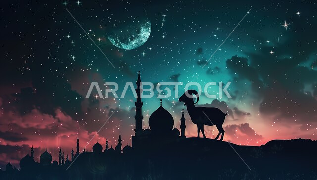  إسلاميات ورموز دينية, الفن المعماري في تصميم المساجد القديمة والحديثة, صورة ظلية لحيوان الماعز بخلفية لمسجد عريق له قبب ومآذن عالية, أماكن العبادة والصلاة والخشوع عند المسلمين, الأعياد الإسلامية المباركة, قربان عيد الأضحى