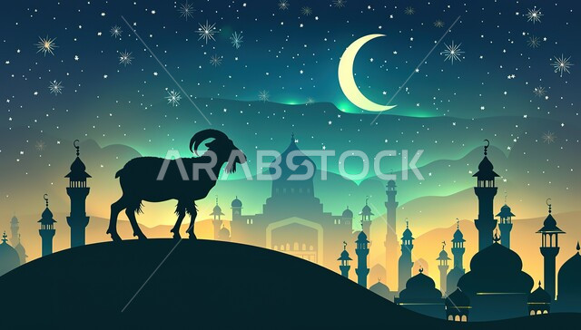 الفن المعماري في تصميم المساجد القديمة والحديثة, صورة ظلية لحيوان الماعز بخلفية لمسجد عريق له قبب ومآذن عالية, أماكن العبادة والصلاة والخشوع عند المسلمين, الأعياد الإسلامية المباركة, قربان عيد الأضحى, إسلاميات ورموز دينية