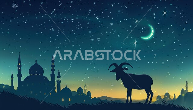   قربان عيد الأضحى، صورة ظلية لحيوان الماعز بخلفية لمسجد عريق له قبب ومآذن عالية, أماكن العبادة والصلاة والخشوع عند المسلمين, الأعياد الإسلامية المباركة, إسلاميات ورموز دينية, الفن المعماري في تصميم المساجد القديمة والحديثة