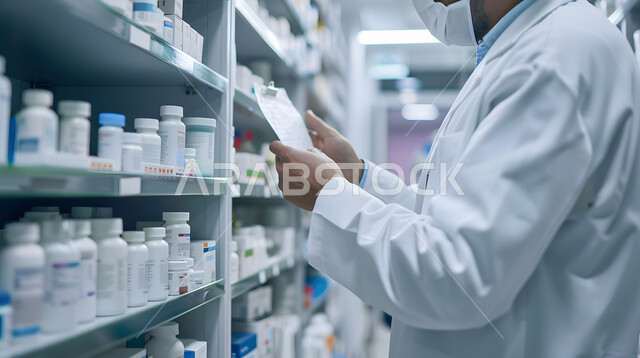 تقديم الرعاية الصحية والوصفات الطبية، فحص وجرد مخزون الأدوية والمستلزمات الطبية داخل الصيدلية، صورة مقربة لصيدلاني عربي سعودي خليجي يرتدي اليونيفورم الطبي يقوم بالبحث عن الوصفة الدوائية