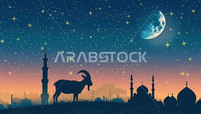  النجوم اللامعة في السماء, خلفيات دينية إسلامية ملونة, صورة ظلية لحيوان الماعز بخلفية لمسجد له قبب ومآذن شامخة, قربان عيد الأضحى المبارك, المناسبات والأعياد في الإسلام