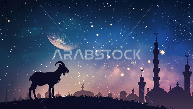 المناسبات والأعياد في الإسلام, قربان عيد الأضحى المبارك, صورة ظلية لحيوان الماعز بخلفية لمسجد له قبب ومآذن شامخة,السماء المزينة بالنجوم اللامعة, خلفيات دينية إسلامية ملونة