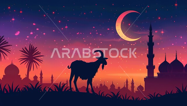 خلفيات دينية إسلامية ملونة, السماء المزينة بالنجوم اللامعة, صورة ظلية لحيوان الماعز بخلفية لمسجد له قبب ومآذن شامخة, قربان عيد الأضحى المبارك, المناسبات والأعياد في الإسلام