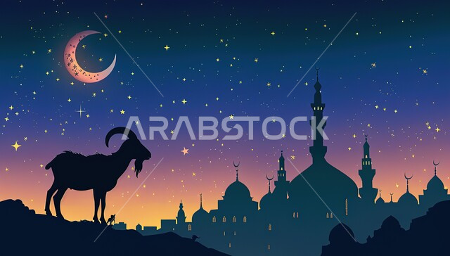 السماء المزينة بالنجوم اللامعة, خلفيات دينية إسلامية ملونة, صورة ظلية لحيوان الماعز بخلفية لمسجد له قبب ومآذن شامخة, قربان عيد الأضحى المبارك, المناسبات والأعياد في الإسلام