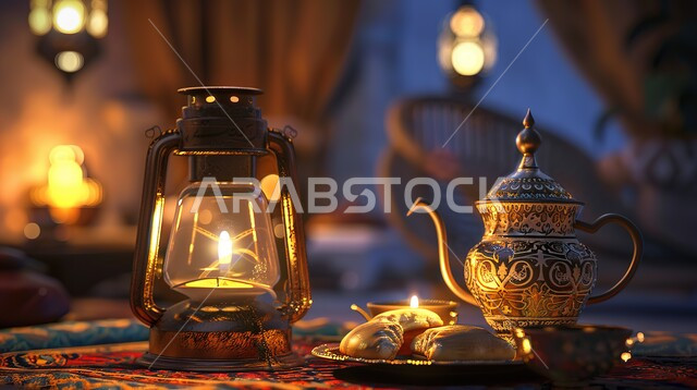 الكرم وحسن الضيافة والإستقبال عند العرب، مفهوم رمضان والأعياد والمناسبات الدينية الاسلامية، تقديم المشروبات الساخنة، عرض ثلاثي الابعاد لدلة قهوة عربية ذهبية معدنية مع فنجان وفانوس مضيء، خلفية ضبابية