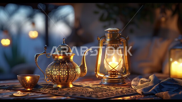 الكرم وحسن الضيافة والإستقبال عند العرب، مفهوم رمضان والأعياد والمناسبات الدينية الاسلامية، تقديم المشروبات الساخنة، عرض ثلاثي الابعاد لدلة قهوة عربية ذهبية معدنية مع فنجان وفانوس مضيء، خلفية ضبابية