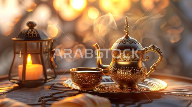 الكرم وحسن الضيافة والإستقبال عند العرب، مفهوم رمضان والأعياد والمناسبات الدينية الاسلامية، تقديم المشروبات الساخنة، عرض ثلاثي الابعاد لدلة قهوة عربية ذهبية معدنية مع فنجان وفانوس مضيء، خلفية ضبابية