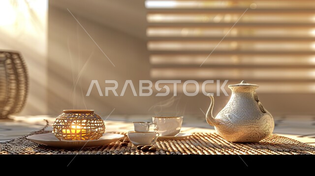 مفهوم رمضان والأعياد والمناسبات الدينية الاسلامية، الكرم وحسن الضيافة والإستقبال عند العرب، تقديم المشروبات الساخنة، عرض ثلاثي الابعاد لدلة قهوة عربية زجاجية مع فنجان وفانوس مضيء، خلفية ضبابية