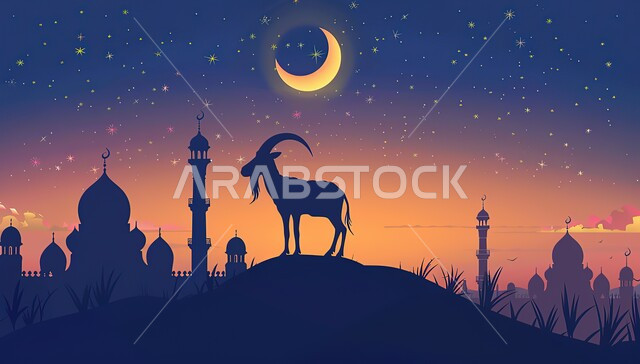 خلفيات دينية إسلامية في وقت الغروب, صورة ظلية لحيوان الماعز بخلفية لمساجد لها قبب ومآذن شامخة, قربان عيد الأضحى المبارك, المناسبات والأعياد في الإسلام