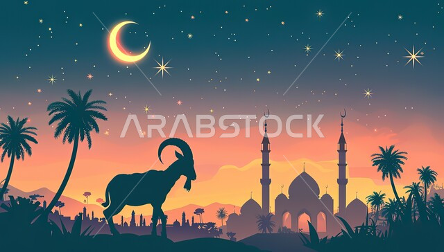 Backgrounds with nature and trees at sunset, Islamic religious symbols, a silhouette of a goat against the background of a mosque with towering domes and minarets, the offering of Eid al-Adha, occasions and holidays in Islam
