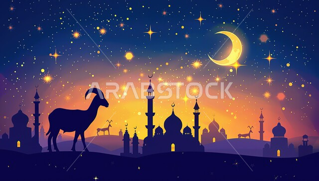 السماء المزينة بالنجوم اللامعة, خلفيات دينية إسلامية ملونة, صورة ظلية لحيوان الماعز بخلفية لمسجد له قبب ومآذن شامخة, المناسبات والأعياد في الإسلام, قربان عيد الأضحى المبارك