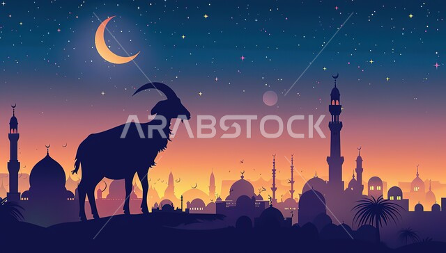 المقدسات الإسلامية في وقت الغروب, خلفيات دينية إسلامية ملونة, صورة ظلية لحيوان الماعز بخلفية لمسجد له قبب ومآذن شامخة, قربان عيد الأضحى المبارك, المناسبات والأعياد في الإسلام
