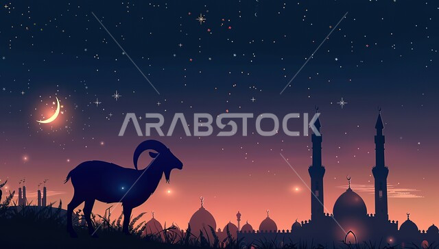 القبب العريقة للمساجد في الإسلام, صورة ظلية لحيوان الماعز بخلفية لمسجد له قبب ومآذن شامخة, قربان عيد الأضحى المبارك, المناسبات والأعياد في الإسلام, خلفيات ليلية مزينة بالنجوم