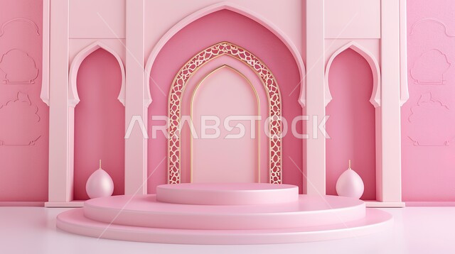 تحف واكسسوارات رمضانية للمناسبات والاعياد الدينية، عرض ثلاثي الابعاد لمنصة إسلامية، تصاميم وديكورات وأجواء روحانية، البهجة بقدوم شهر الخير, خلفية وردية