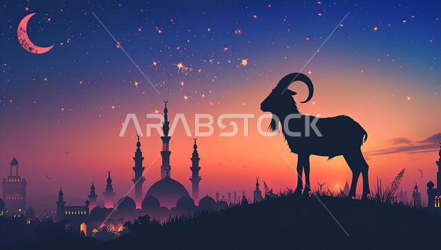 السماء الملونة بألوان الغروب, صورة ظلية لحيوان الماعز بخلفية لمسجد له قبب ومآذن شامخة, قربان عيد الأضحى المبارك, المناسبات والأعياد في الإسلام, خلفيات دينية إسلامية