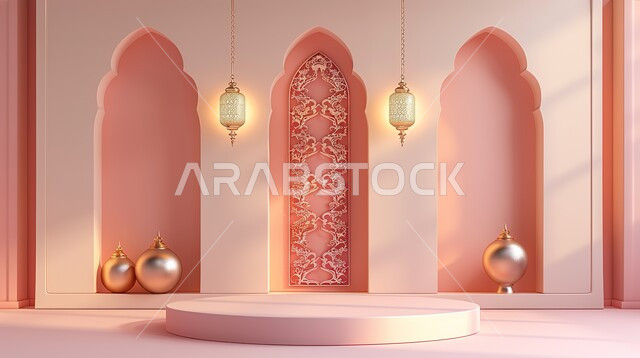 تحف واكسسوارات رمضانية للمناسبات والاعياد الدينية، عرض ثلاثي الابعاد لمنصة إسلامية وفوانيس مضيئة، تصاميم وديكورات وأجواء روحانية، البهجة بقدوم شهر الخير، خلفية وردية