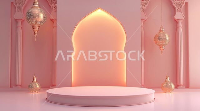 تحف واكسسوارات رمضانية للمناسبات والاعياد الدينية، عرض ثلاثي الابعاد لمنصة إسلامية وفوانيس مضيئة، تصاميم وديكورات وأجواء روحانية، البهجة بقدوم شهر الخير، خلفية وردية