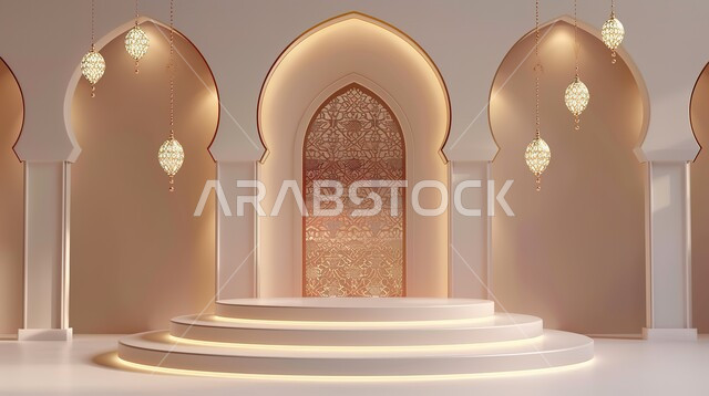 تصاميم وديكورات وأجواء روحانية، تحف واكسسوارات رمضانية للمناسبات والاعياد الدينية، عرض ثلاثي الابعاد لمنصة إسلامية وفوانيس مضيئة، البهجة بقدوم شهر الخير، خلفية ملونة