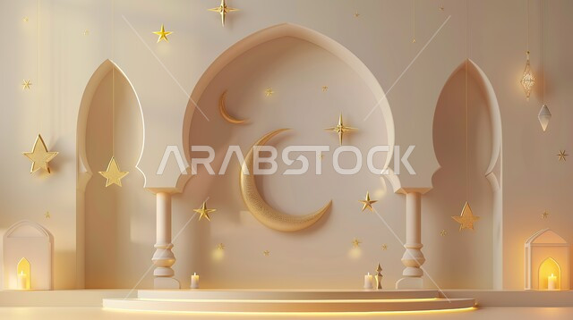 تصاميم وديكورات وأجواء روحانية، تحف واكسسوارات رمضانية للمناسبات والاعياد الدينية، عرض ثلاثي الابعاد لمنصة إسلامية وفوانيس مضيئة، البهجة بقدوم شهر الخير، خلفية ملونة