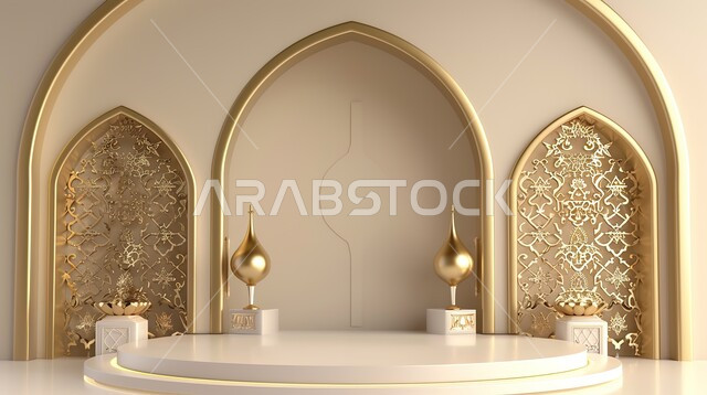 تصاميم وديكورات وأجواء روحانية، تحف واكسسوارات رمضانية للمناسبات والاعياد الدينية، عرض ثلاثي الابعاد لمنصة إسلامية، البهجة بقدوم شهر الخير، خلفية ملونة