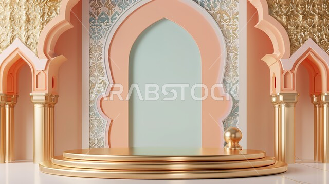 Designs, decorations, and spiritual atmospheres, Ramadan antiques and accessories for religious occasions and holidays, a three-dimensional display of an Islamic platform, the joy of the coming of the month of goodness, a colorful background